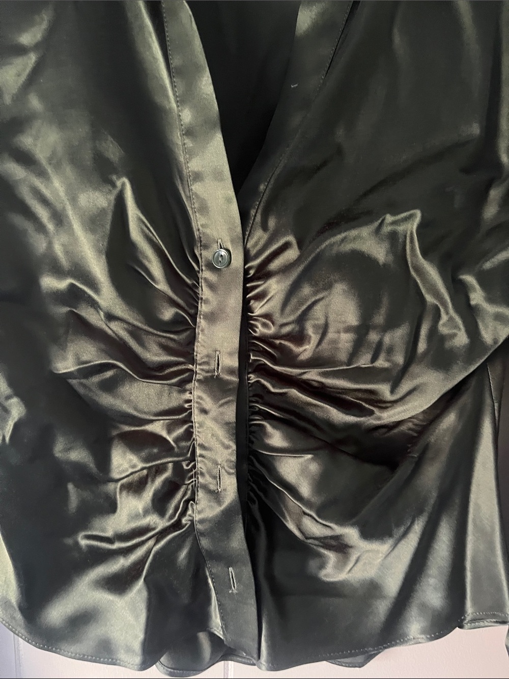 Zara Olive Satin Ruched Button-Front Shirt - Picture 12 of 13